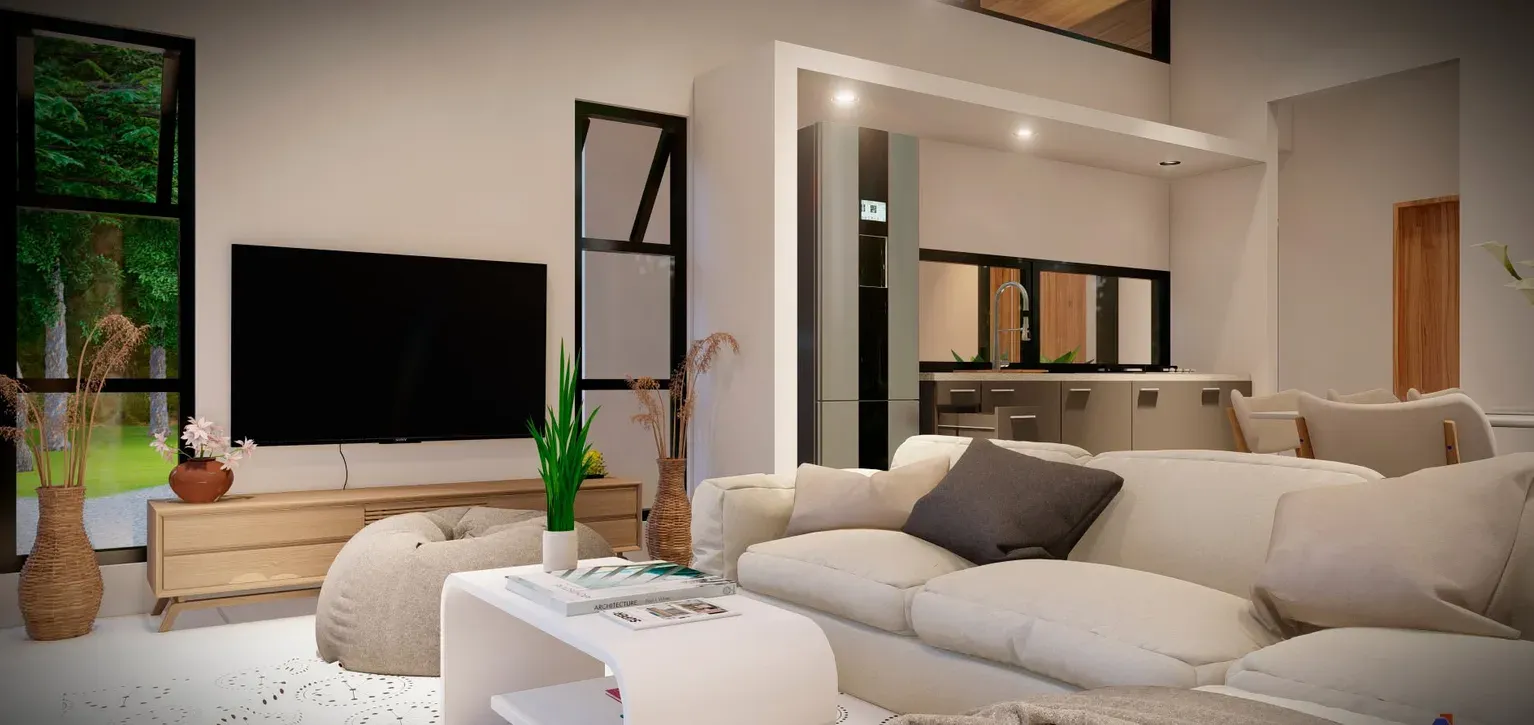 Interior de una vivienda moderna con ventanales de piso a cielo